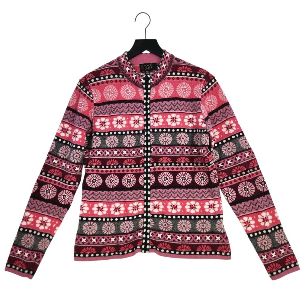 Islandic‎ Design Angora Blend Cardigan Sweater Medium Crochet Floral Fair Isle